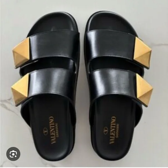 Valentino Garavani Black and Gold Sandals - Picture 2 of 6